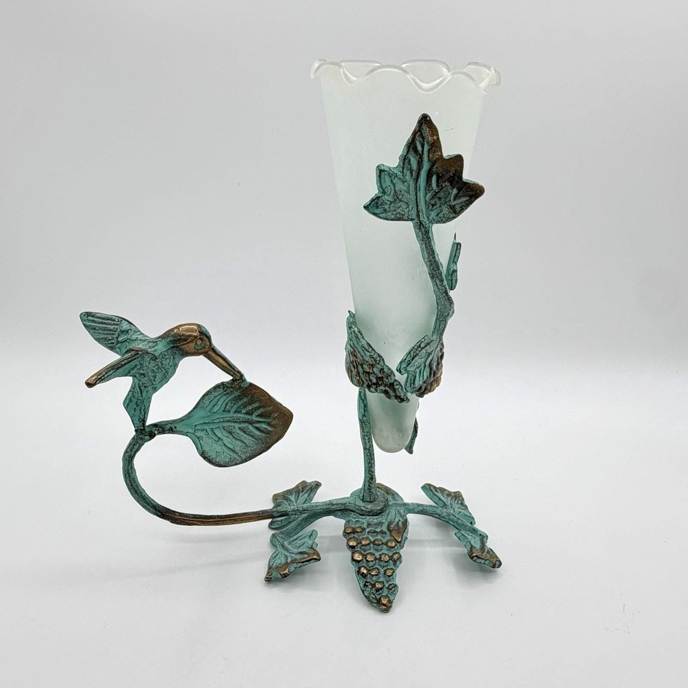 Vintage 90's Brass Hummingbird Verdigris Flower Candle Holder Vase Green Ivy - Picture 9 of 16